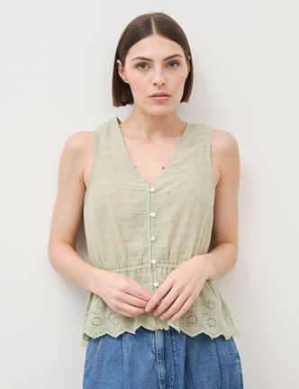 Top col v sans manches en coton vert kaki femme