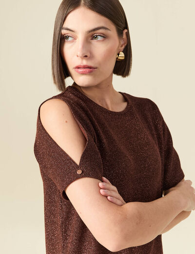 T-shirt manches courtes brillant marron femme