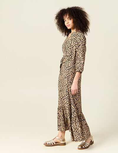 Robe longue droite manches 3/4 marron clair femme