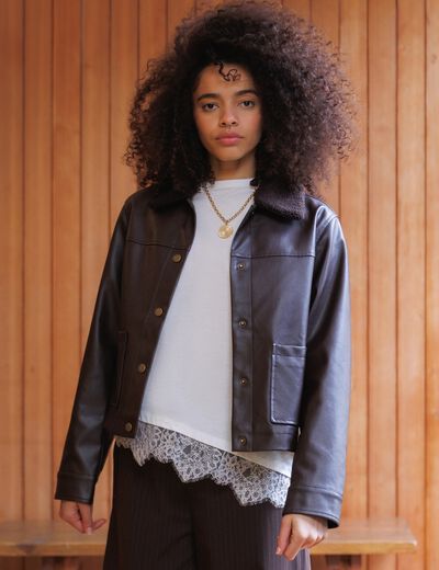 Blouson col sherpa manches longues marron fonc&eacute; femme