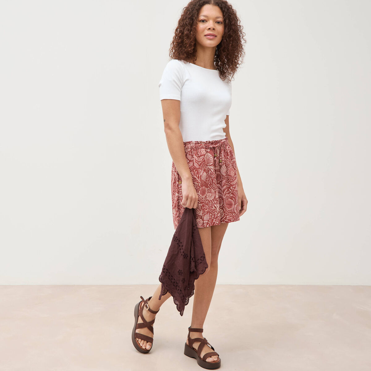 Short taille haute marron cognac femme