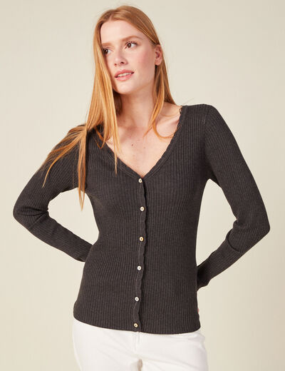 Gilet manches longues col v gris fonc&eacute; femme