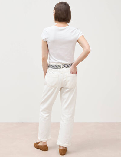Jeans boyfriend ceintur&eacute; denim blanc femme