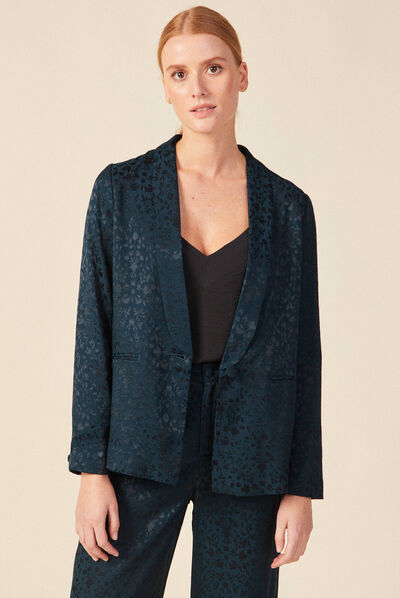 Veste blazer droite satin bleu canard femme