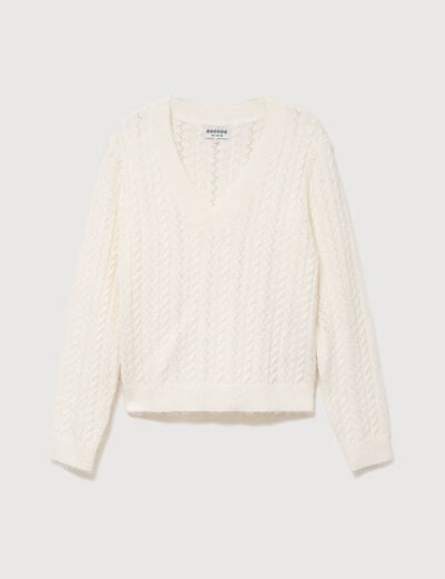 Pull droit col v manches longues ecru femme