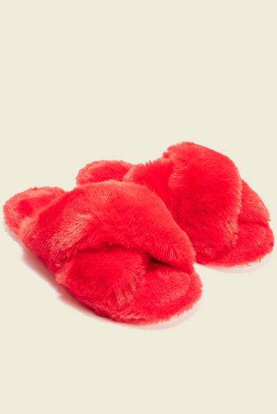 Chaussons mules fourrure rose framboise femme