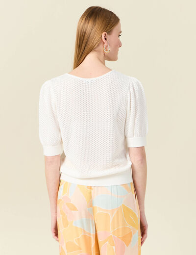 Pull manches courtes ajouré creme femme
