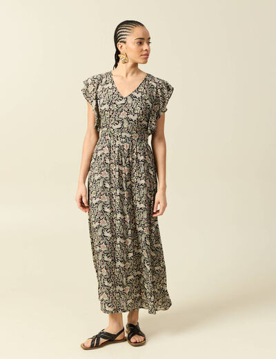 Robe longue &eacute;vas&eacute;e col v manches courtes noir femme