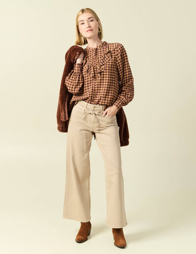 Chemise &agrave; volants manches longues marron fonc&eacute; femme