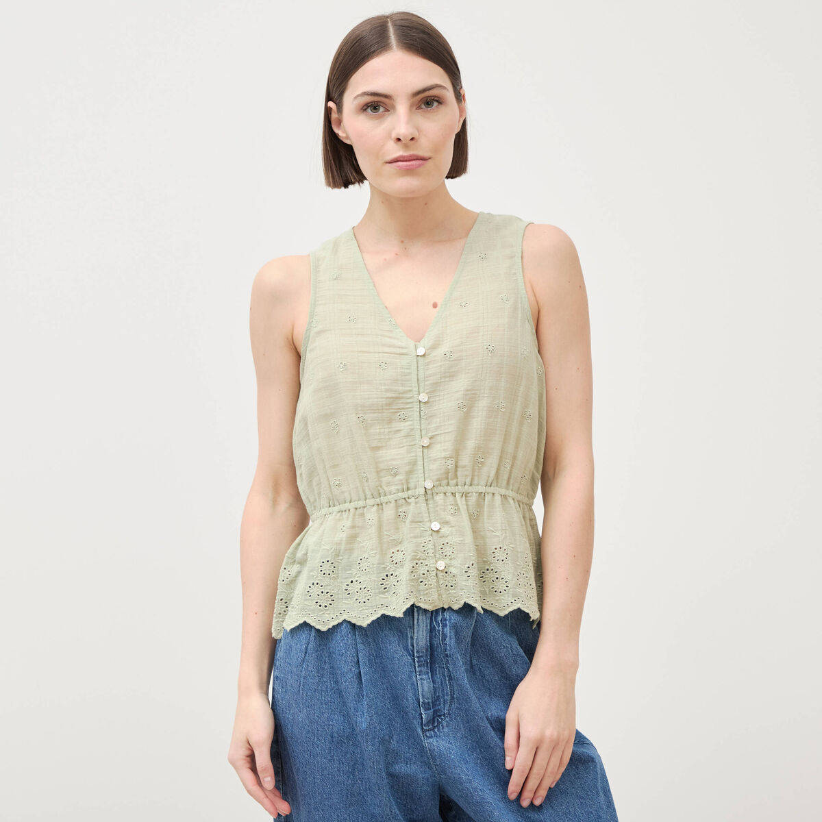 Top col v sans manches en coton vert kaki femme