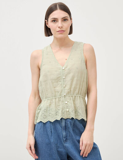 Top col v sans manches en coton vert kaki femme