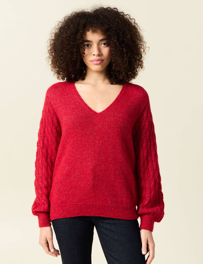 Pull ajouré col V manches longues rouge femme