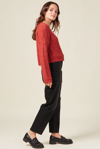 Pull manches longues cropped rouge foncé femme
