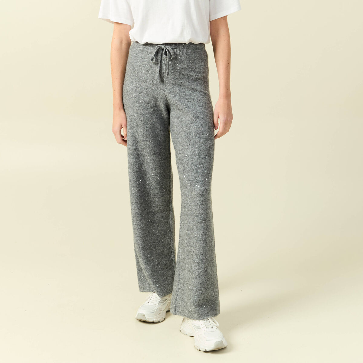 Pantalon large taille haute en maille gris femme