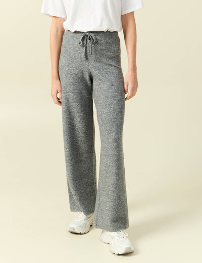 Pantalon large taille haute en maille gris femme