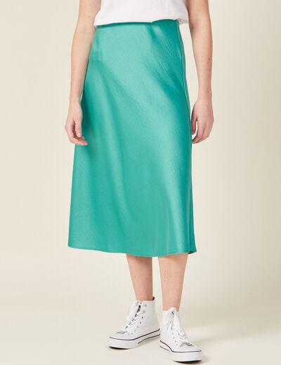 Jupe midi droite satin bleu turquoise femme