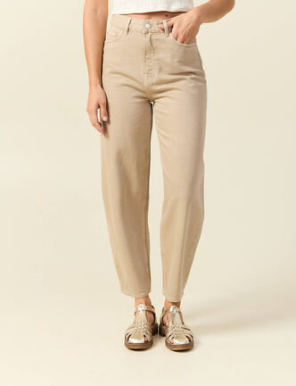 Jeans slouchy taille haute en coton beige femme