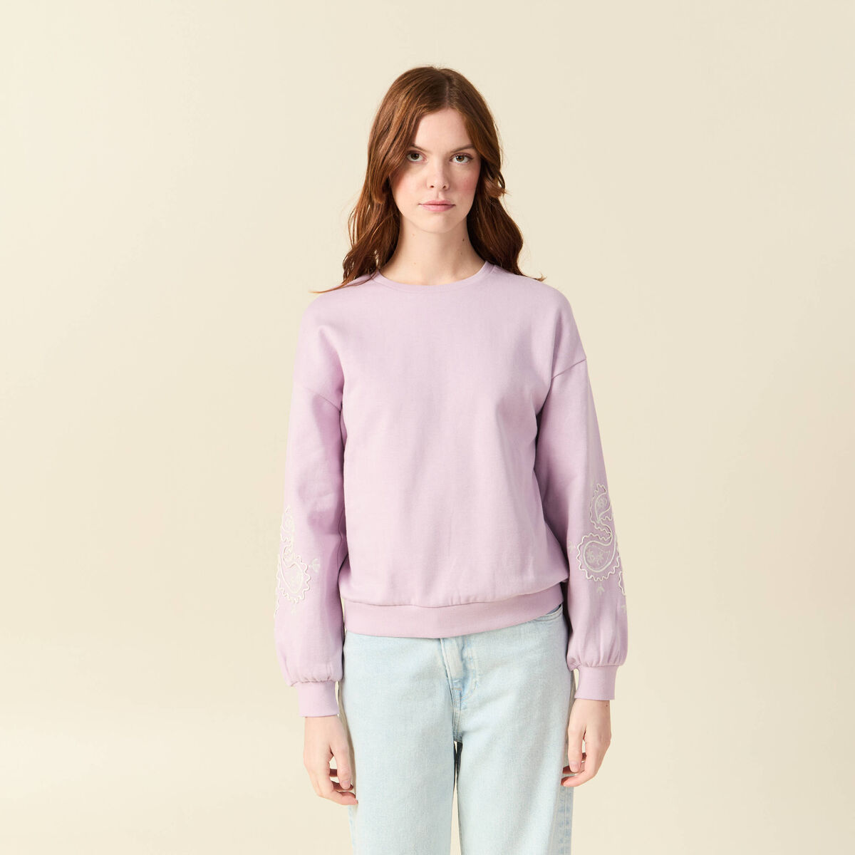 Sweat droit court col rond en coton parme femme