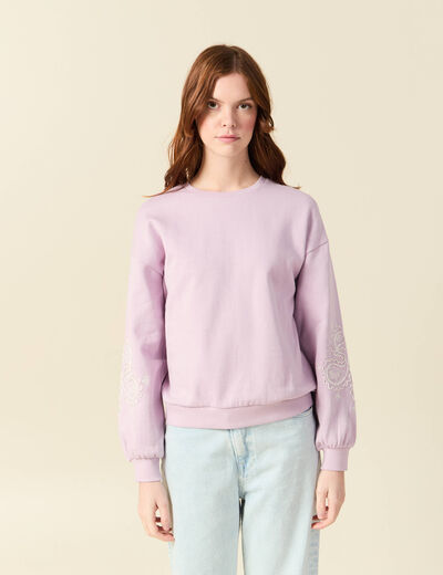 Sweat droit court col rond en coton parme femme