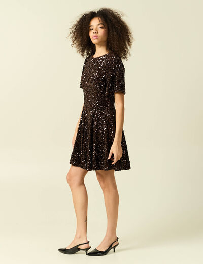 Robe manches courtes &agrave; sequins marron femme