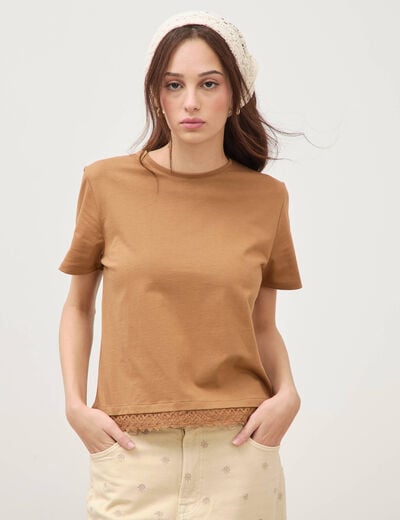 T-shirt droit col rond manches courtes marron femme