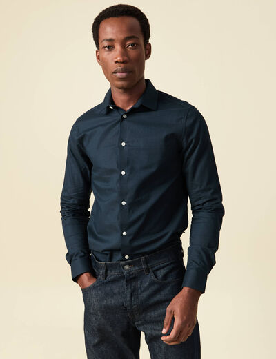 Chemise cintr&eacute;e en coton manches longues bleu marine homme