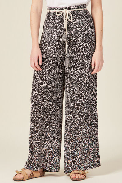 Pantalon large fluide ceinturé noir femme