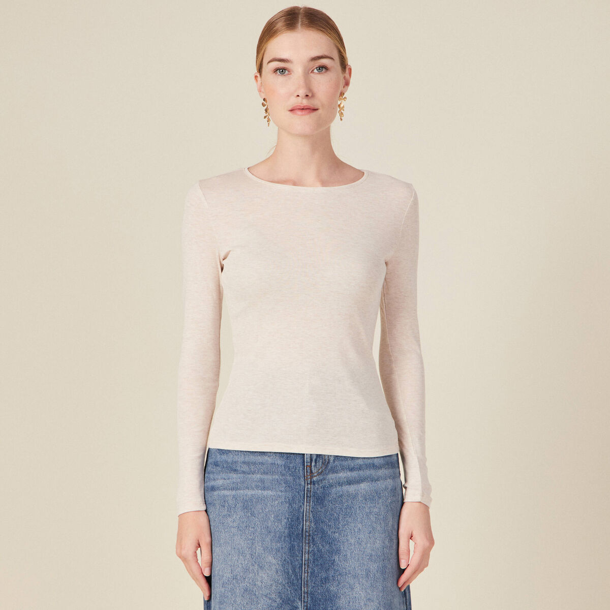 T-shirt cintr&eacute; manches longues col rond beige femme
