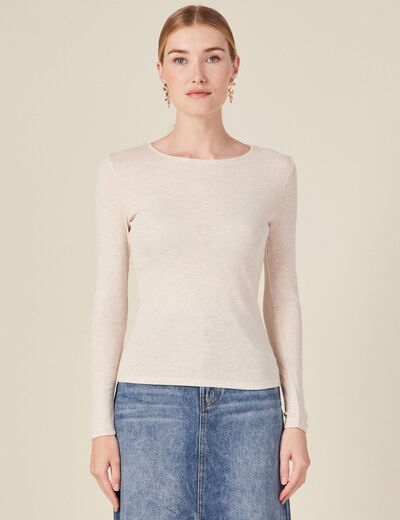 T-shirt cintr&eacute; manches longues col rond beige femme