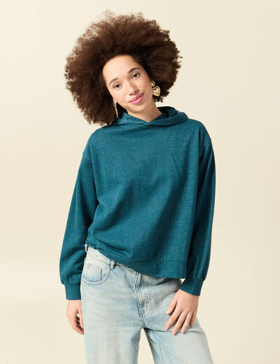 Sweat &agrave; capuche manches longues brillant bleu canard femme