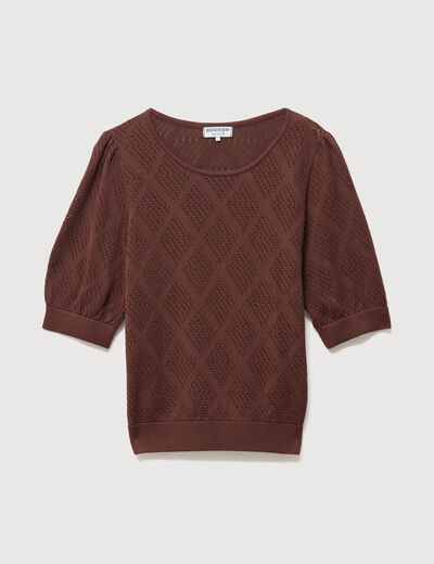Pull ajour&eacute; droit court manches courtes marron fonc&eacute; femme
