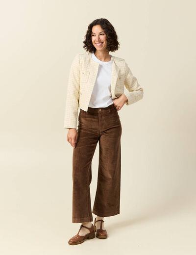Pantalon large taille haute en velours vieux rose femme