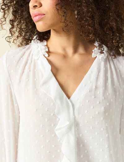 Blouse manches longues col tunisien blanc femme