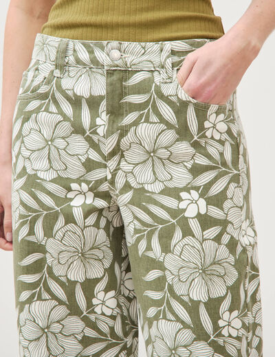 Pantalon loose taille haute en coton vert kaki femme