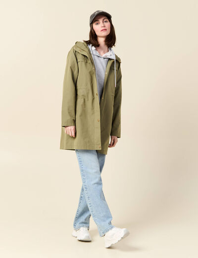 Parka longue à capuche vert kaki femme