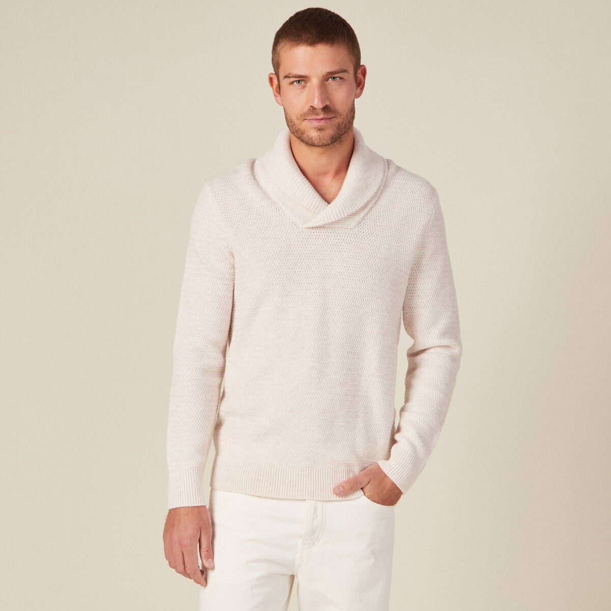 Pull manches longues col ch&acirc;le ecru homme