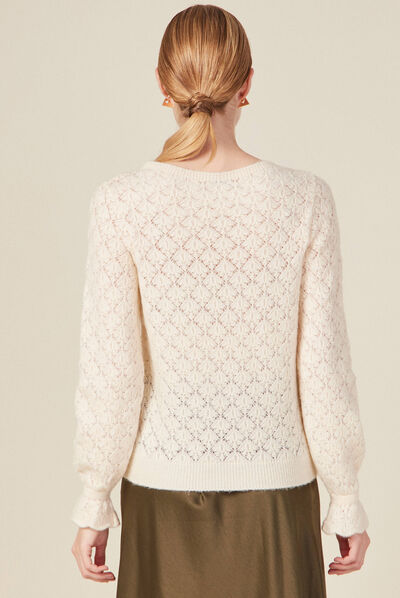 Pull manches longues ajouré ecru femme