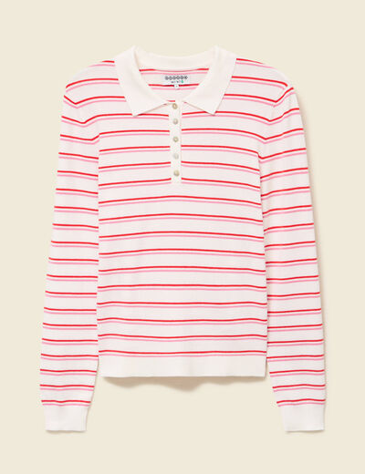 Polo ray&eacute; manches longues blanc femme
