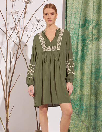 Robe brodée éco-responsable vert kaki femme
