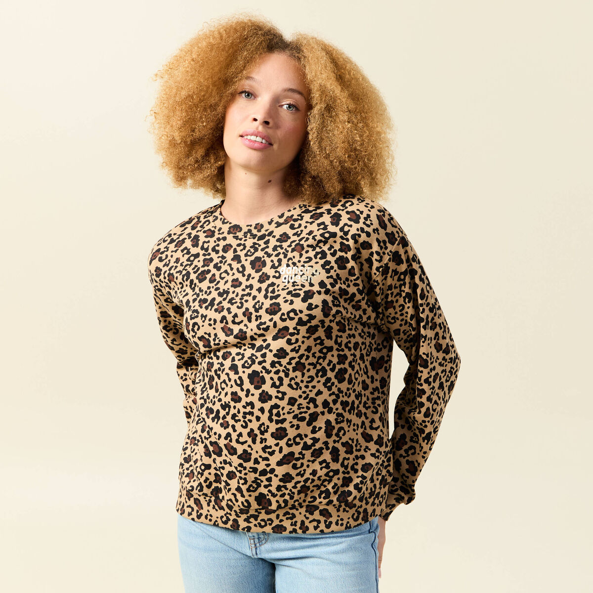 Sweat col rond manches longues beige femme