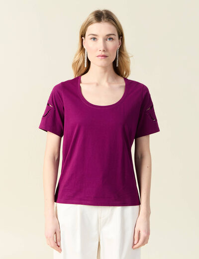 T-shirt manches courtes brodé violet femme