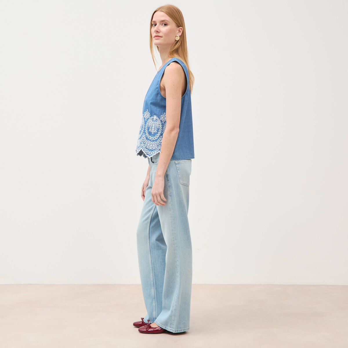 Top en jeans sans manches col rond bleu clair femme