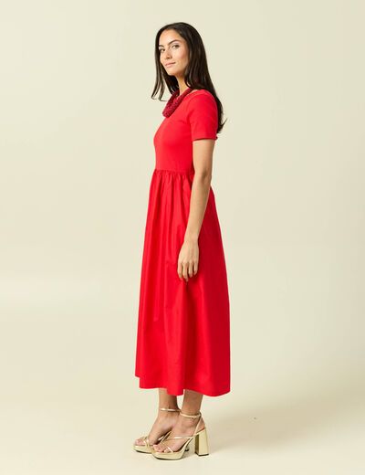 Robe longue bi-mati&egrave;re col rond rouge fonc&eacute; femme