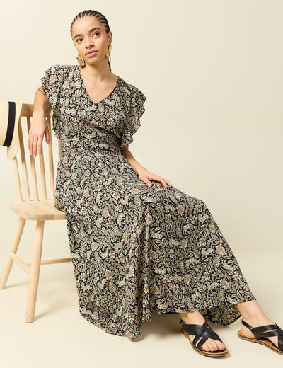 Robe longue &eacute;vas&eacute;e col v manches courtes noir femme