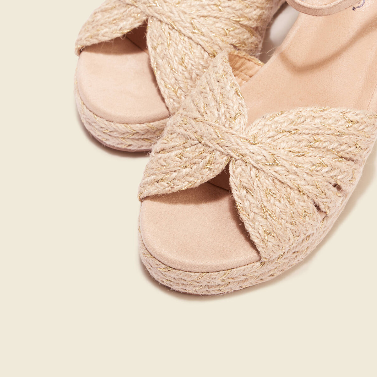 Sandales compensées paille creme femme
