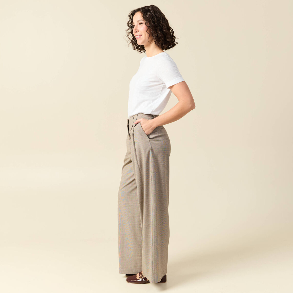 Pantalon large taille haute fluide beige femme