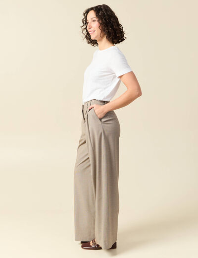 Pantalon large taille haute fluide beige femme