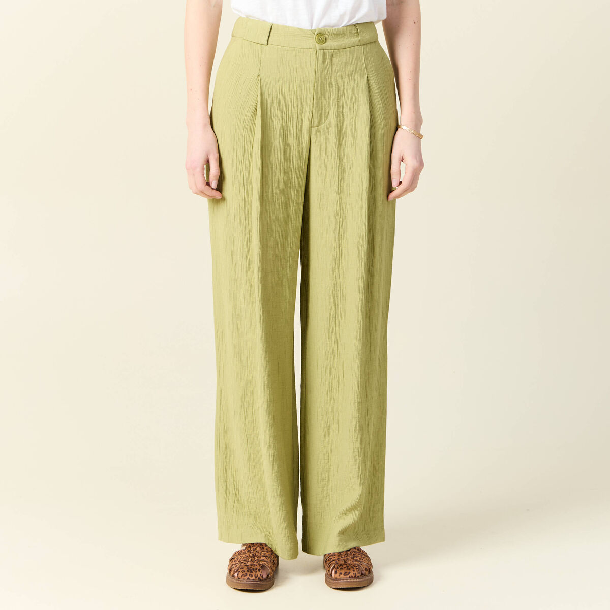 Pantalon large fluide vert olive femme