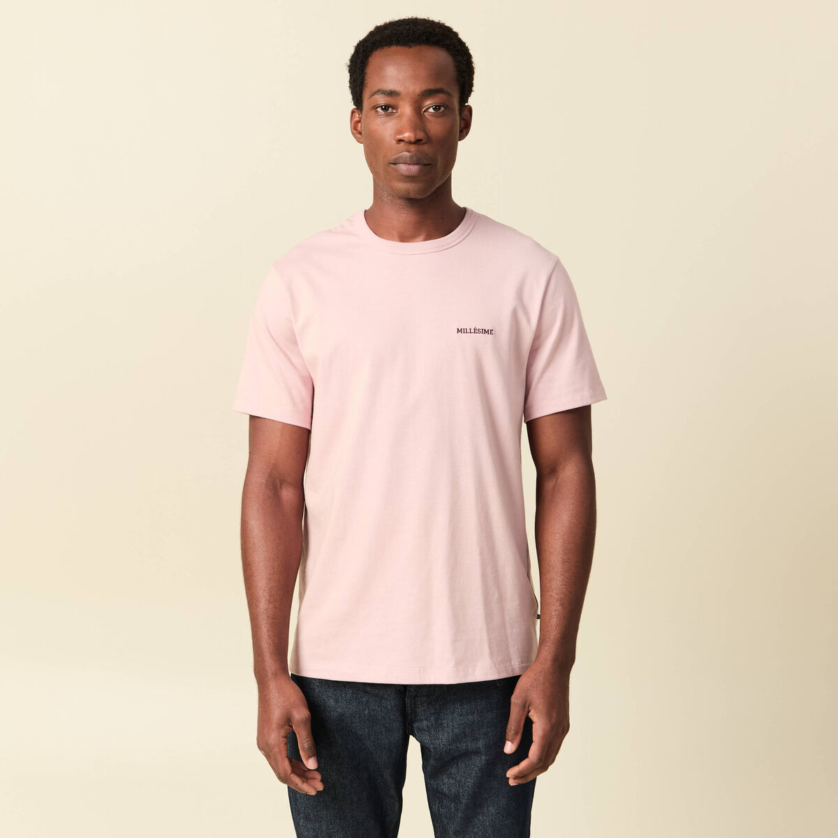 T-shirt col rond manches courtes brod&eacute; rose pastel homme
