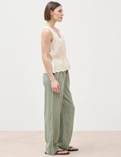 Top col v sans manches en coton creme femme
